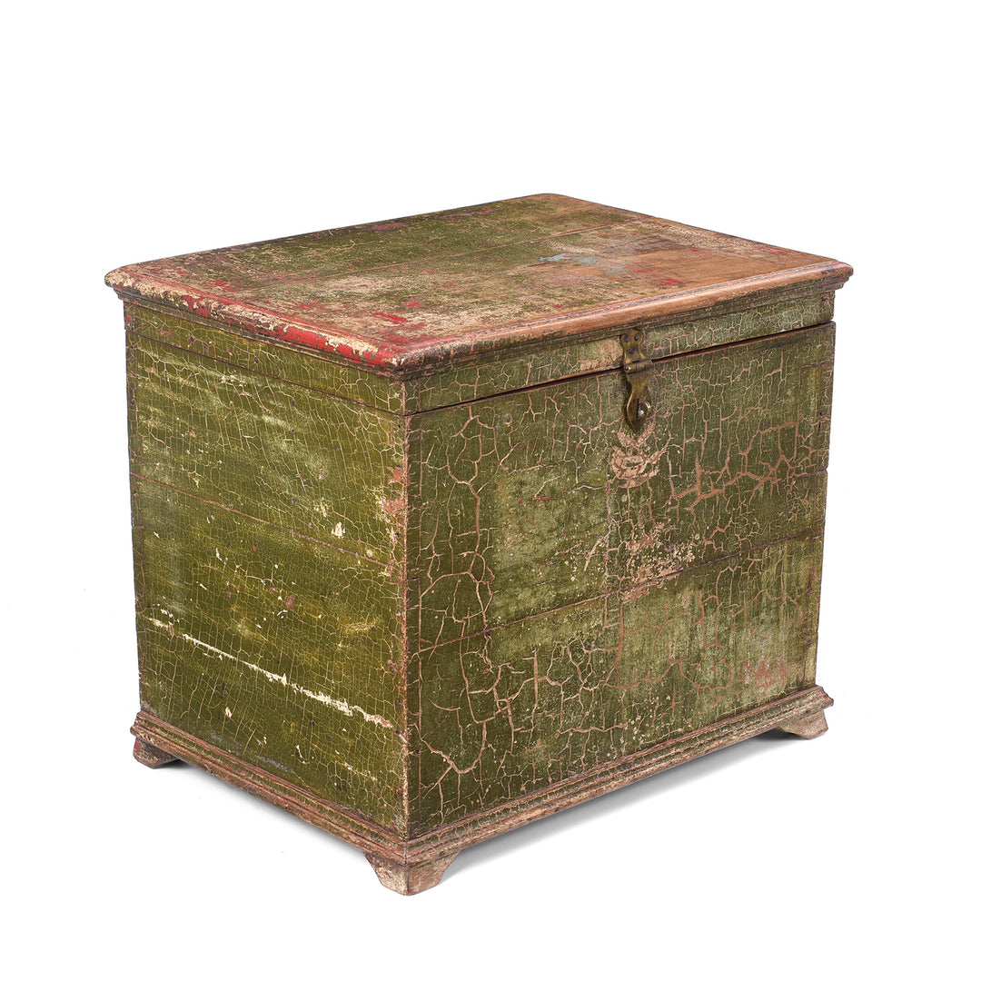 Angled View Of Iron Bound Teak Money Box Chest With Aged Green Patina And Crackled Finish From The 19th Century