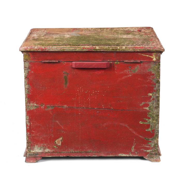 Back View Of Iron Bound Teak Money Box Chest With Aged Green Patina And Crackled Finish From The 19th Century
