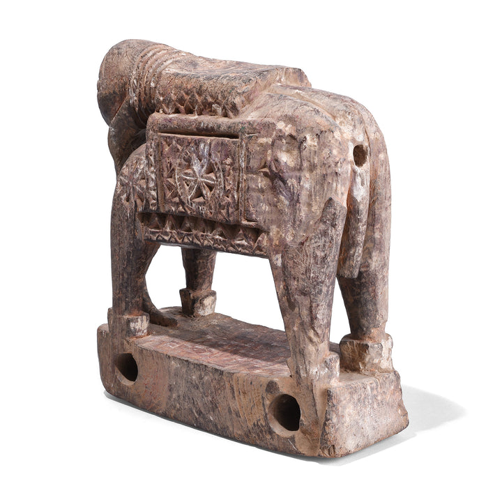 Back View Of Hand Carved Wooden Indian Elephant Made From Teak With Geometric Pattern Detailing