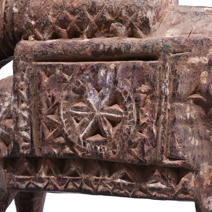 Carving Details From Hand Carved Wooden Indian Elephant Made From Teak With Geometric Pattern Detailing