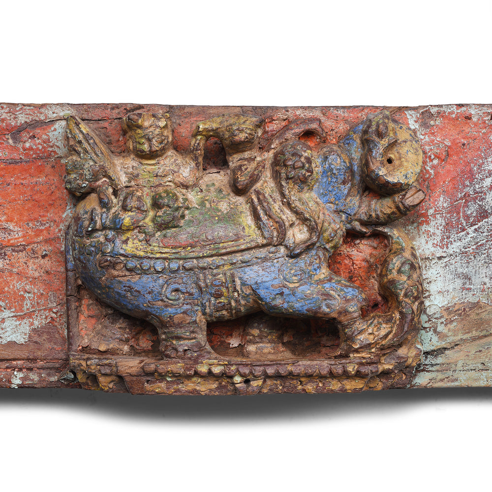 Elephant Detail From Indian Carved Wooden Lintel From Gujarat With Elephants And Ganesh