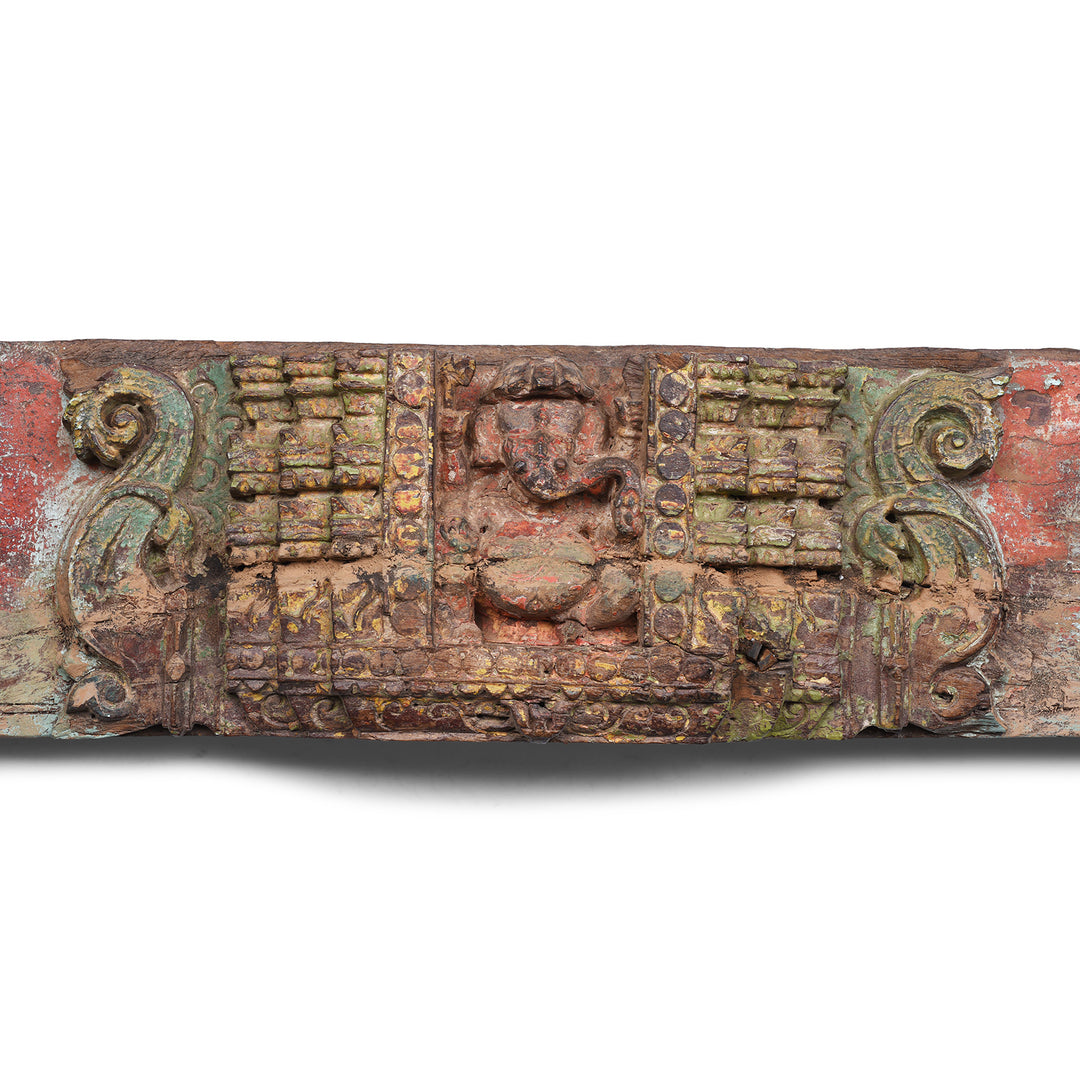 Ganesh Detail From Indian Carved Wooden Lintel From Gujarat With Elephants And Ganesh