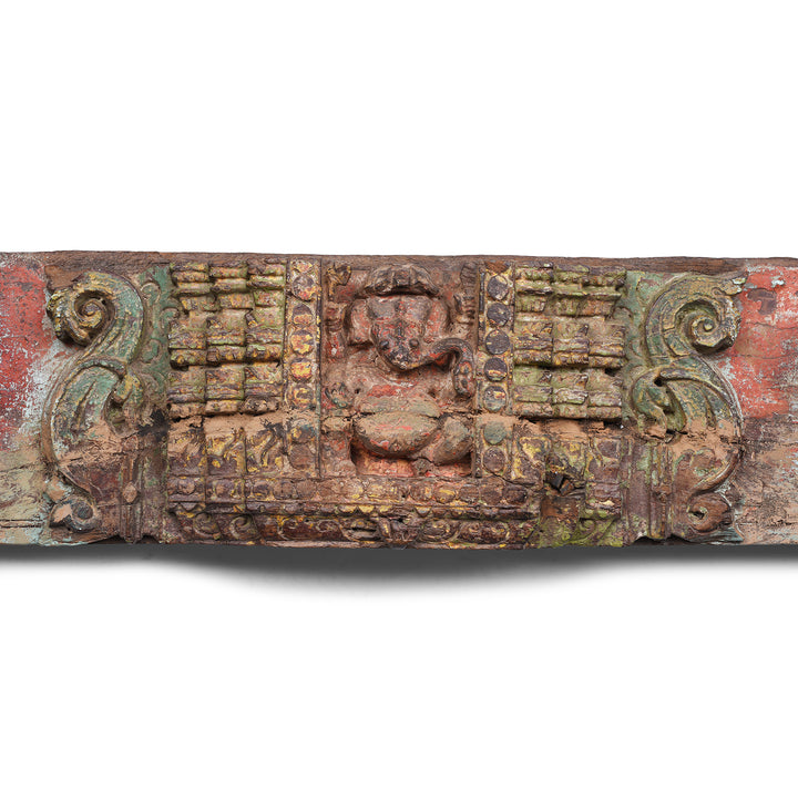 Ganesh Detail From Indian Carved Wooden Lintel From Gujarat With Elephants And Ganesh
