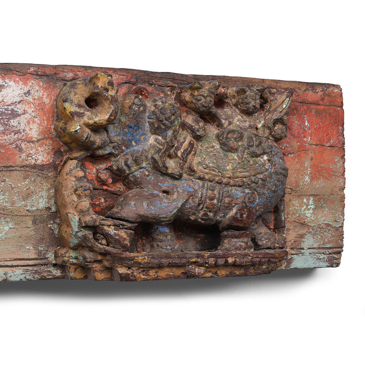Elephant Detail From Indian Carved Wooden Lintel From Gujarat With Elephants And Ganesh