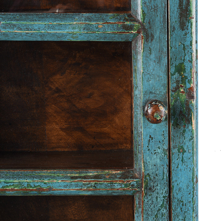 Door Handle Detail From Blue Painted Teak Glazed Wall Cabinet Circa 1930 With Distressed Patina