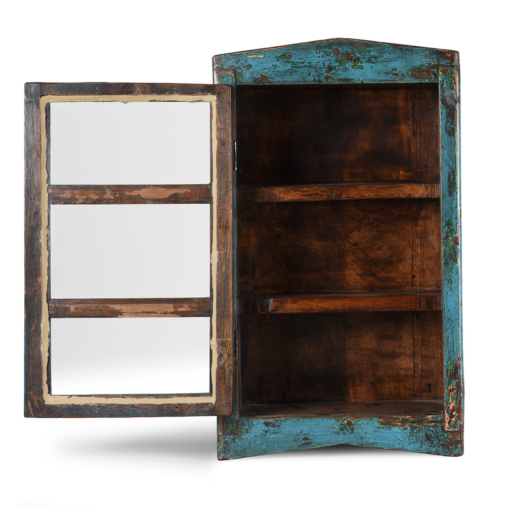 Blue Painted Teak Glazed Wall Cabinet Circa 1930 With Distressed Patina