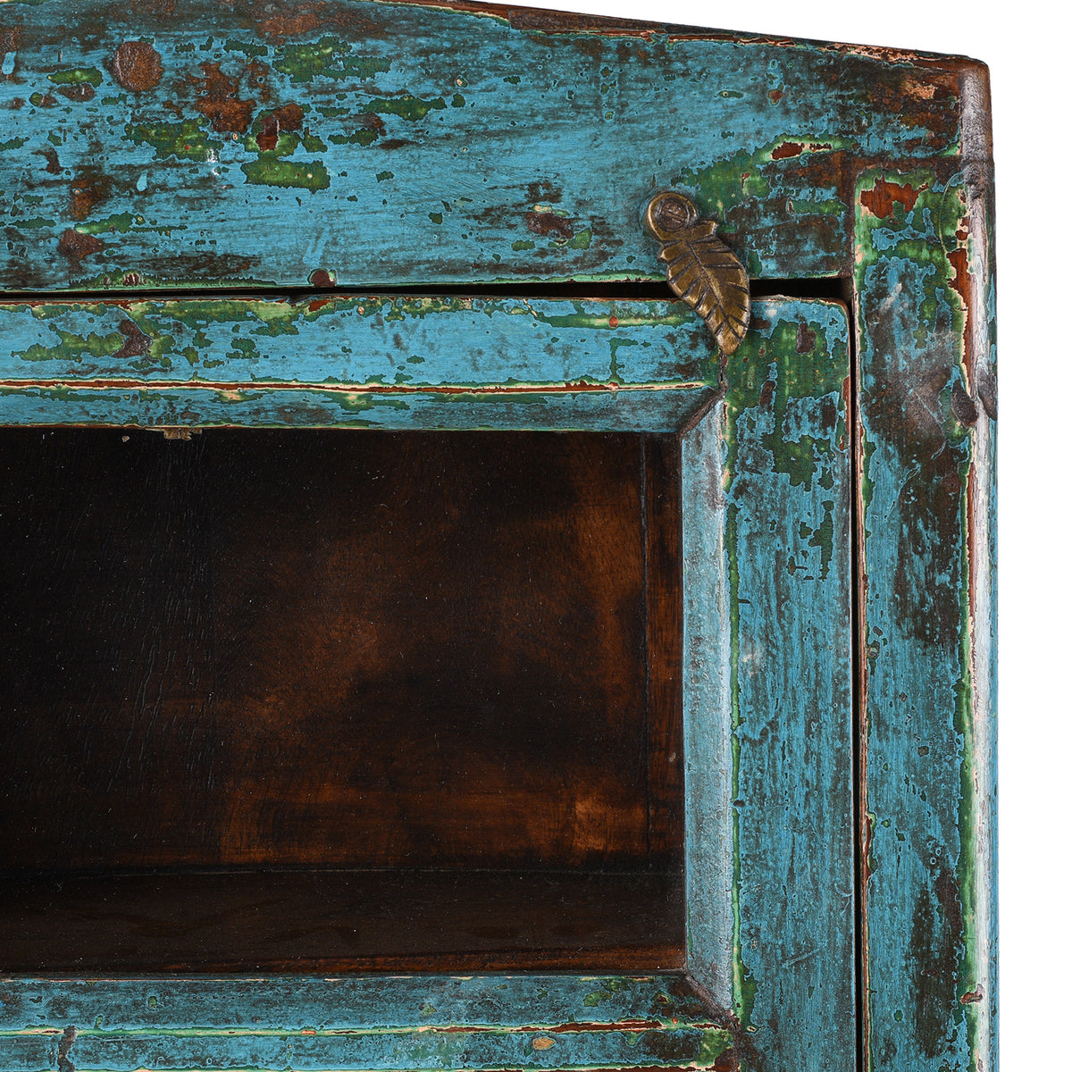 Corner Detail Of Brass Lock From Blue Painted Teak Glazed Wall Cabinet Circa 1930 With Distressed Patina