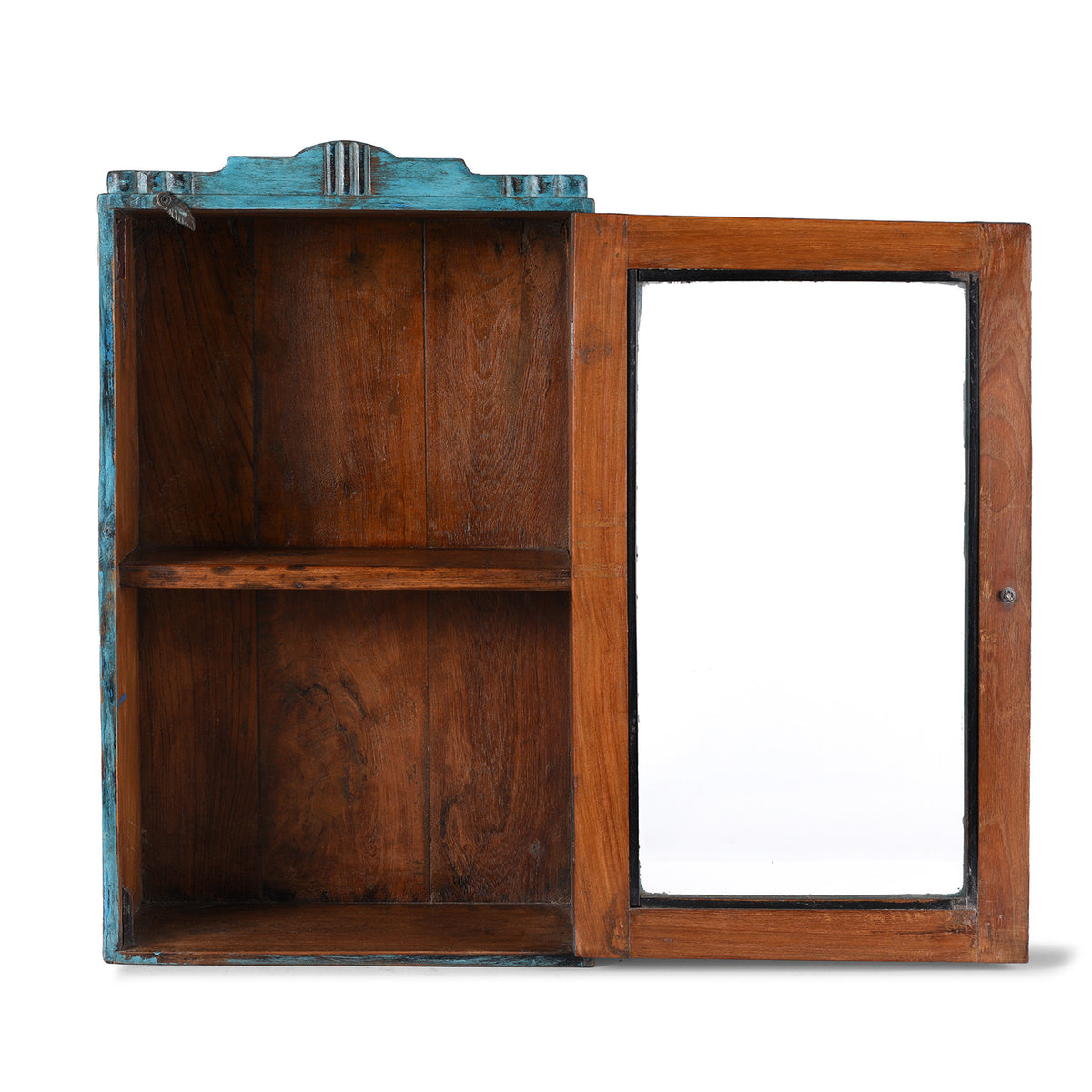 Open Door View Of Antique Blue Painted Teak Wall Cabinet With Glass Door And Shelf