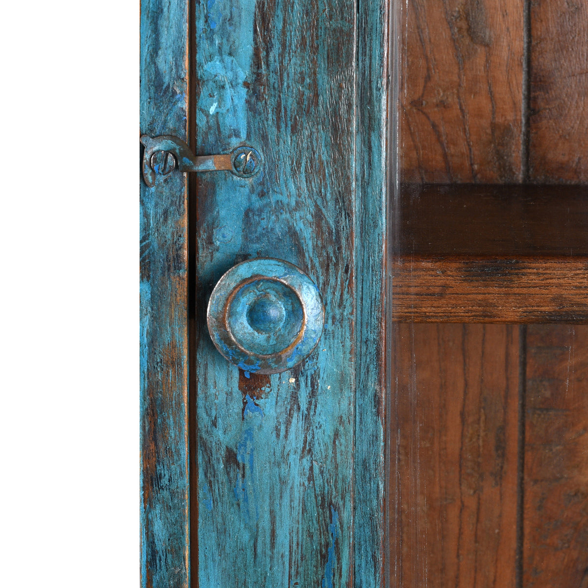 Latch Detail From Antique Blue Painted Teak Wall Cabinet With Glass Door And Shelf