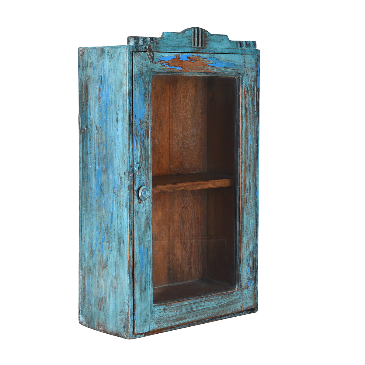 Angled VIew Of Antique Blue Painted Teak Wall Cabinet With Glass Door And Shelf