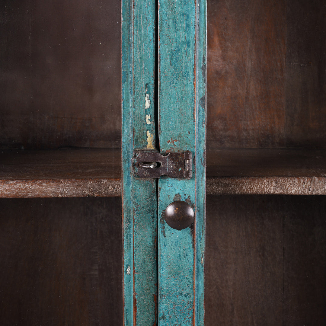 Lock Detail From Blue Painted Teak Glazed Wall Cabinet Circa 1930 With Double Doors And Decorative Crest