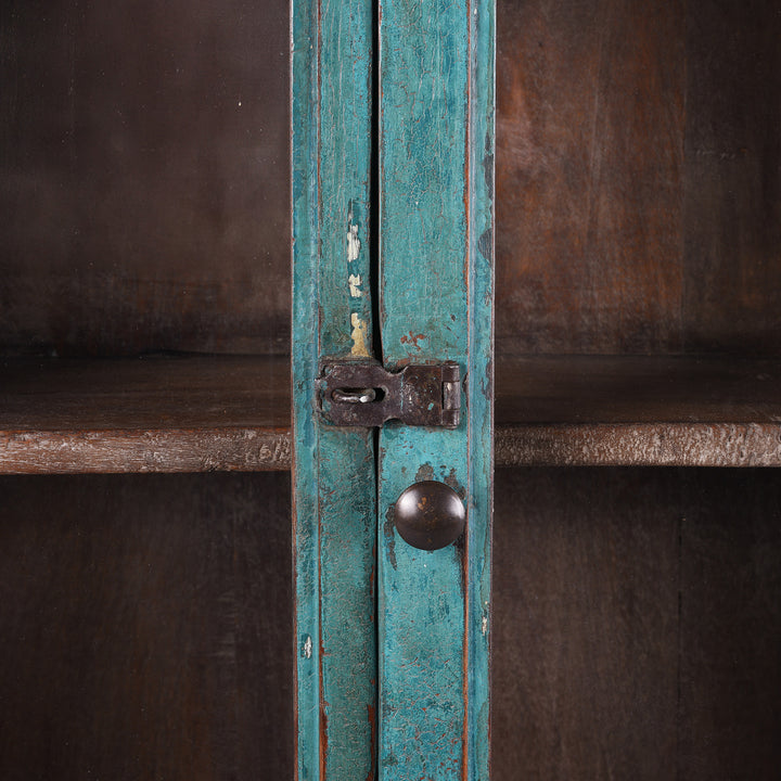 Lock Detail From Blue Painted Teak Glazed Wall Cabinet Circa 1930 With Double Doors And Decorative Crest