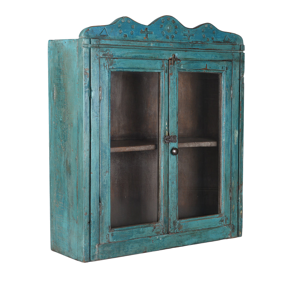 Blue Painted Teak Glazed Wall Cabinet Circa 1930 With Double Doors And Decorative Crest