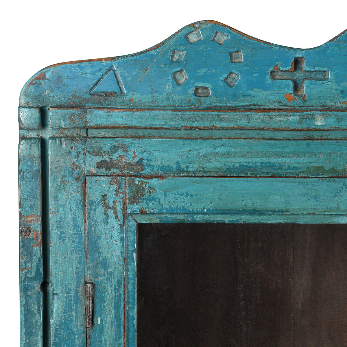 Decorative Crest Detail From Blue Painted Teak Glazed Wall Cabinet Circa 1930 With Double Doors And Decorative Crest