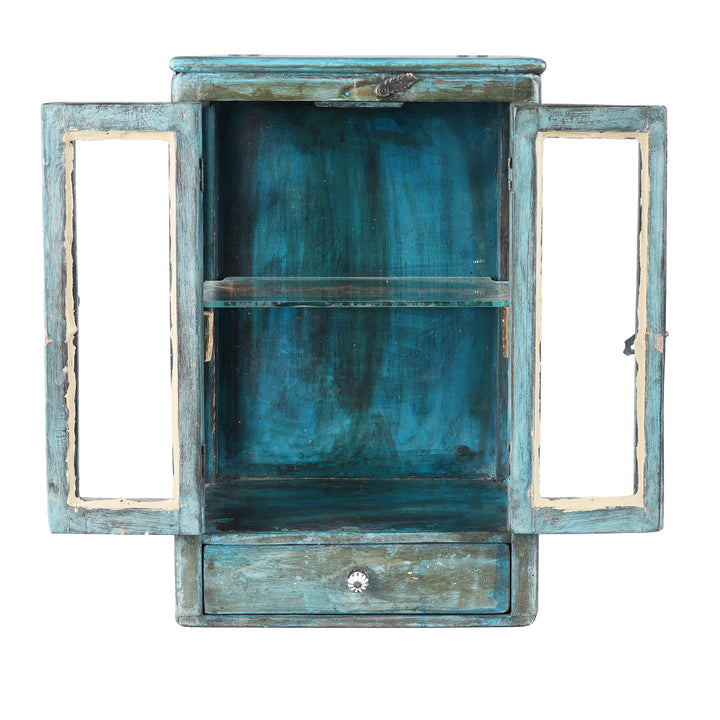 Interior Of Vintage Indian Blue Painted Glazed Wall Cabinet | Indigo Antiques