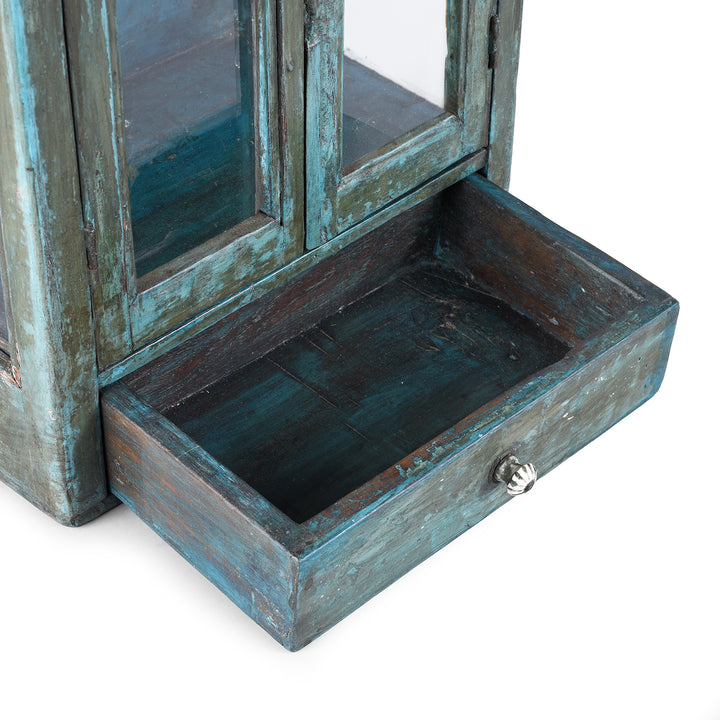 Drawer Interior Detail From Vintage Indian Blue Painted Glazed Wall Cabinet | Indigo Antiques