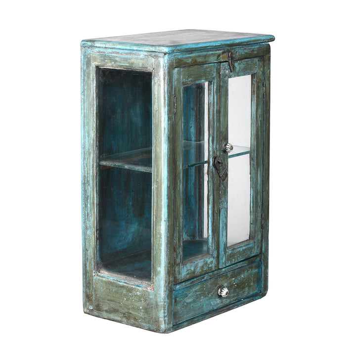 Angled View Of Vintage Indian Blue Painted Glazed Wall Cabinet | Indigo Antiques