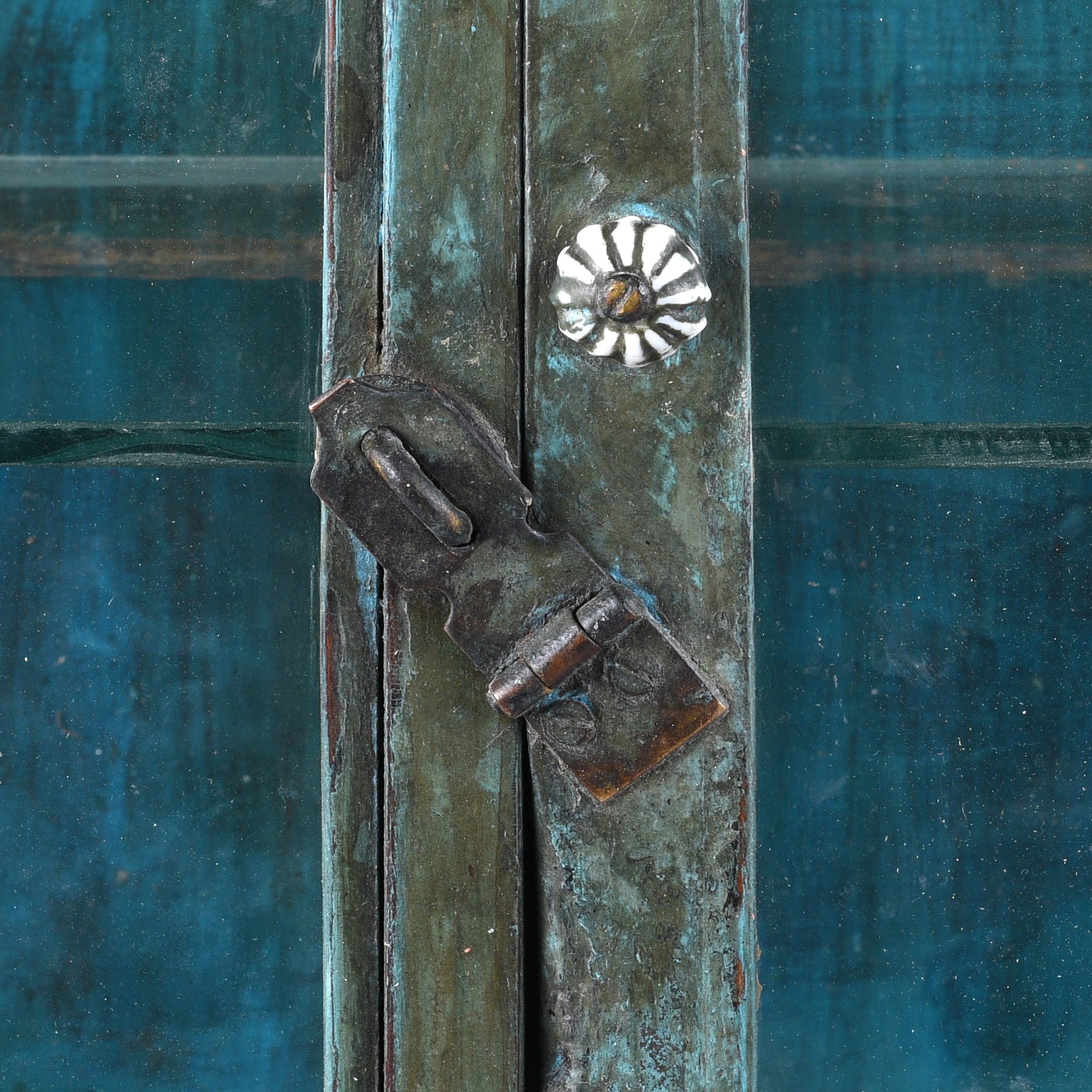 Latch Detail From Vintage Indian Blue Painted Glazed Wall Cabinet | Indigo Antiques