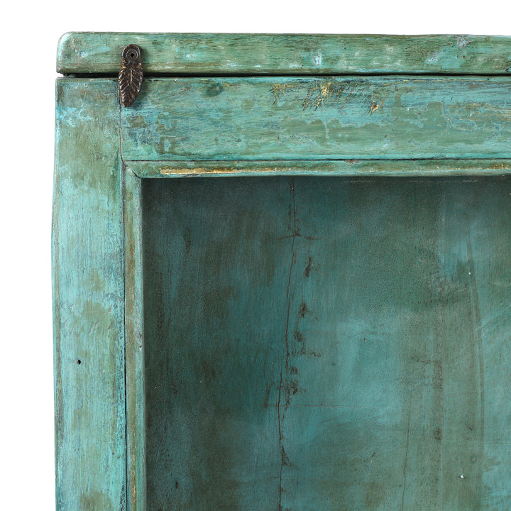 Corner And Latch Detail From Green Painted Indian Teak Glazed Tall Wall Cabinet