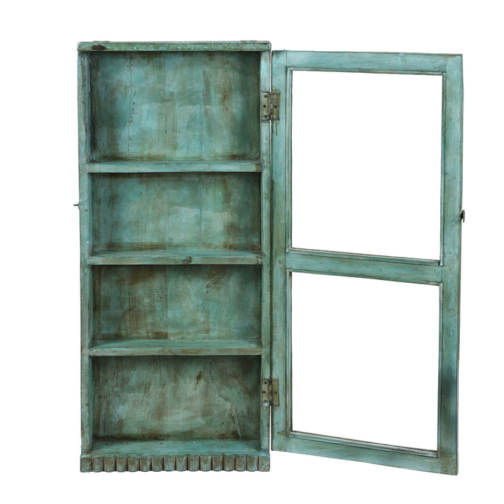 Open Door View Of Green Painted Indian Teak Glazed Tall Wall Cabinet