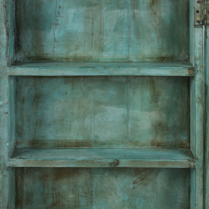 Interior Shelf Detail From Green Painted Indian Teak Glazed Tall Wall Cabinet
