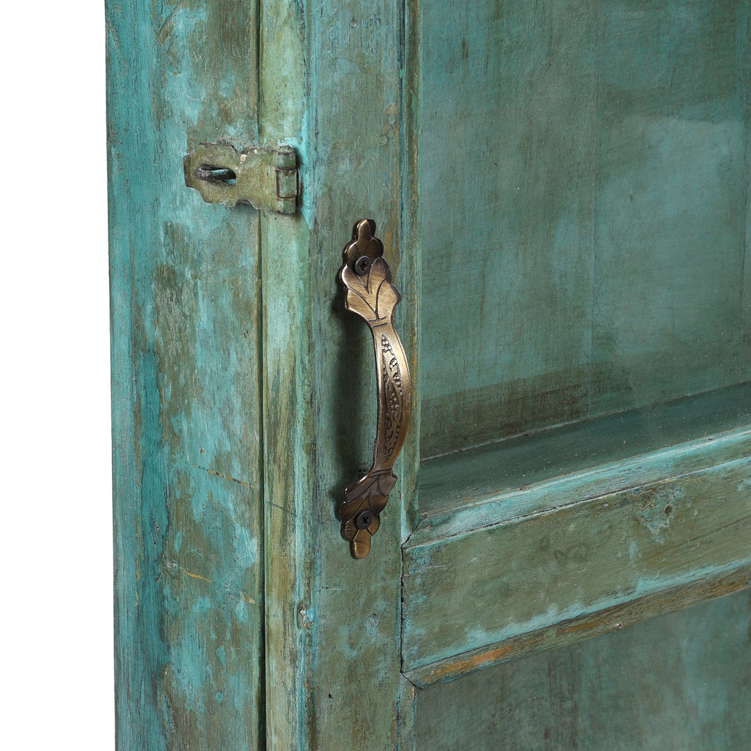 Latch And Handle Detail From Green Painted Indian Teak Glazed Tall Wall Cabinet