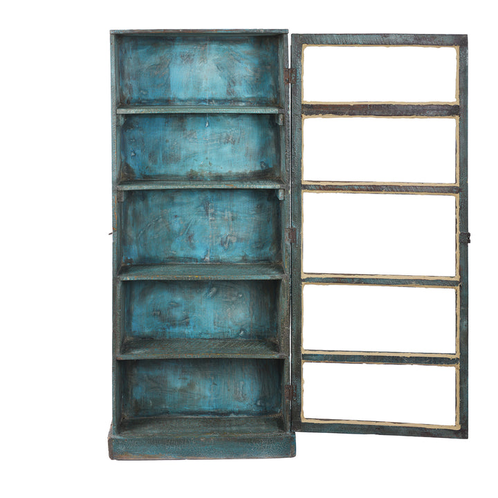 Open Door View Of Vintage Indian Blue Painted Glazed Tall Wall Cabinet