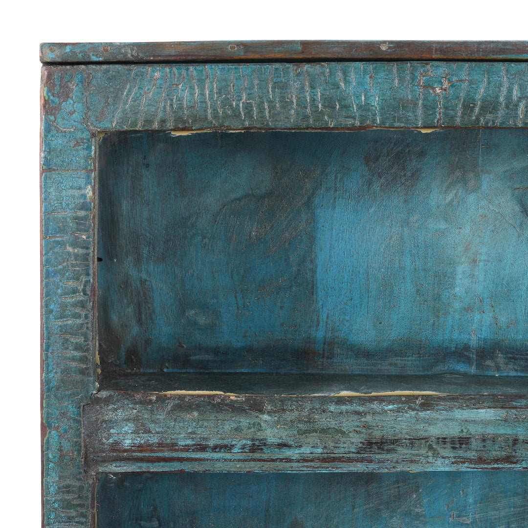 Corner Detail From Vintage Indian Blue Painted Glazed Tall Wall Cabinet