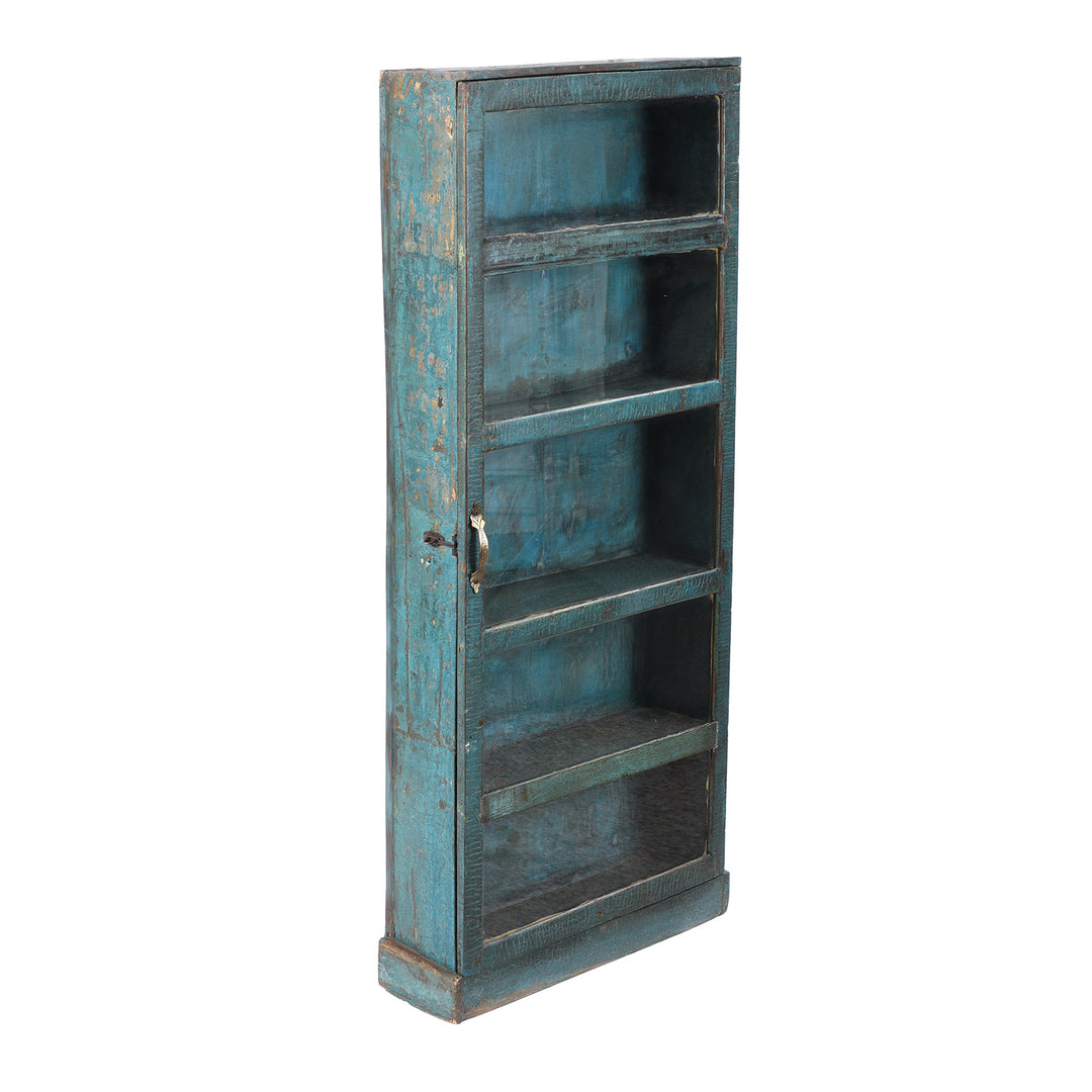 Angled View Of Vintage Indian Blue Painted Glazed Tall Wall Cabinet