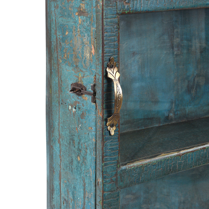 Latch And Handle Detail From Vintage Indian Blue Painted Glazed Tall Wall Cabinet