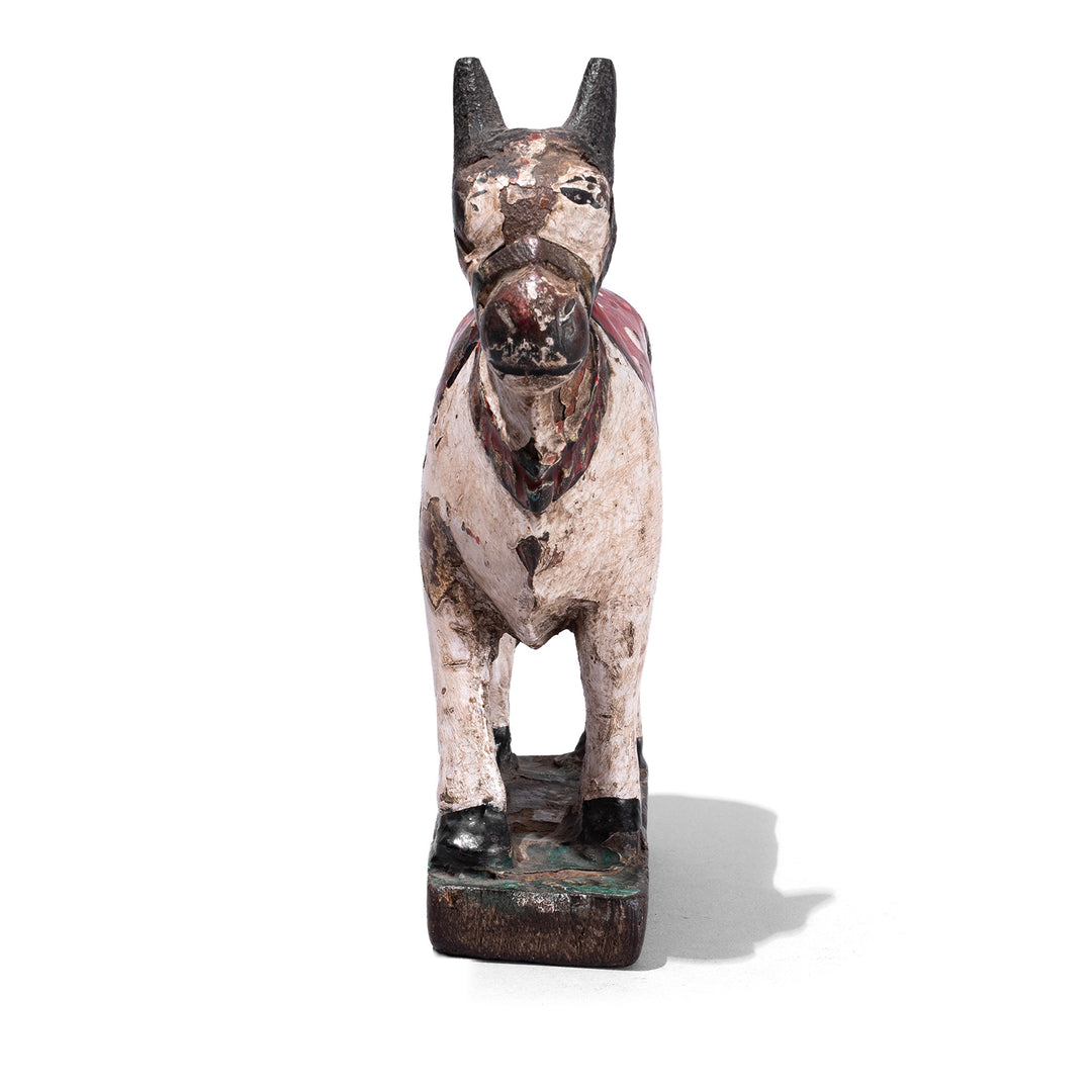 Front View Of Old Carved And Painted Teak Nandi Bull Toy From Andhra Pradesh