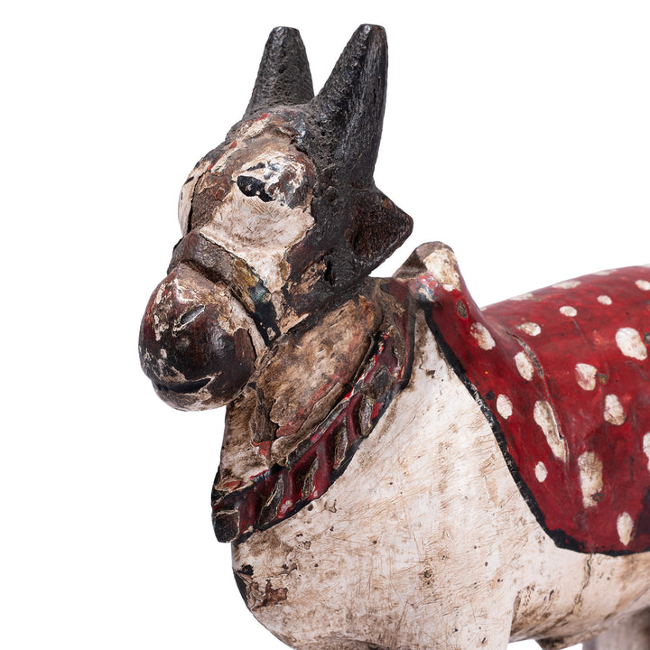 Face Detail From Old Carved And Painted Teak Nandi Bull Toy From Andhra Pradesh