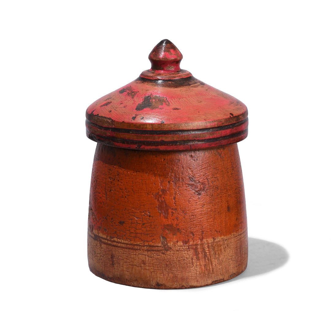 Antique Rajasthani Teak Tika Box From Banswara With Red Painted Domed Lid