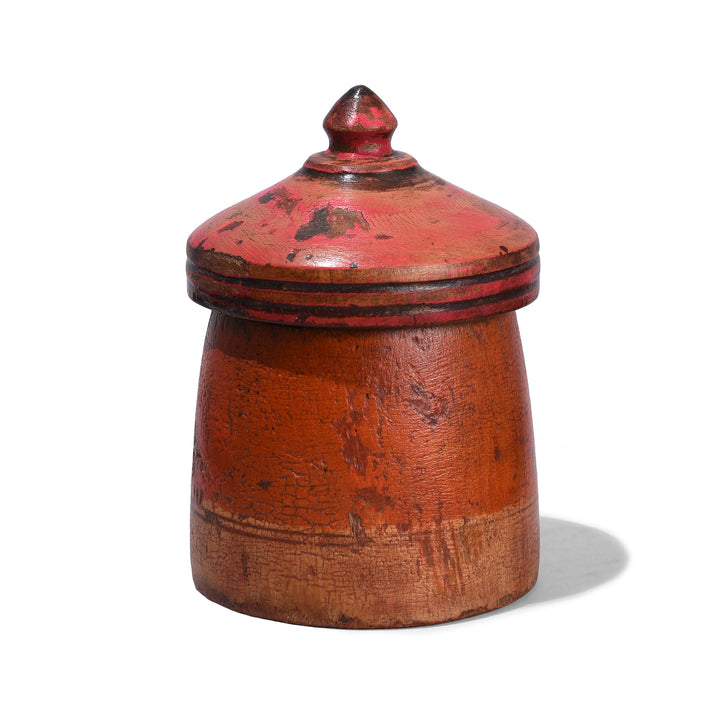 Antique Rajasthani Teak Tika Box From Banswara With Red Painted Domed Lid
