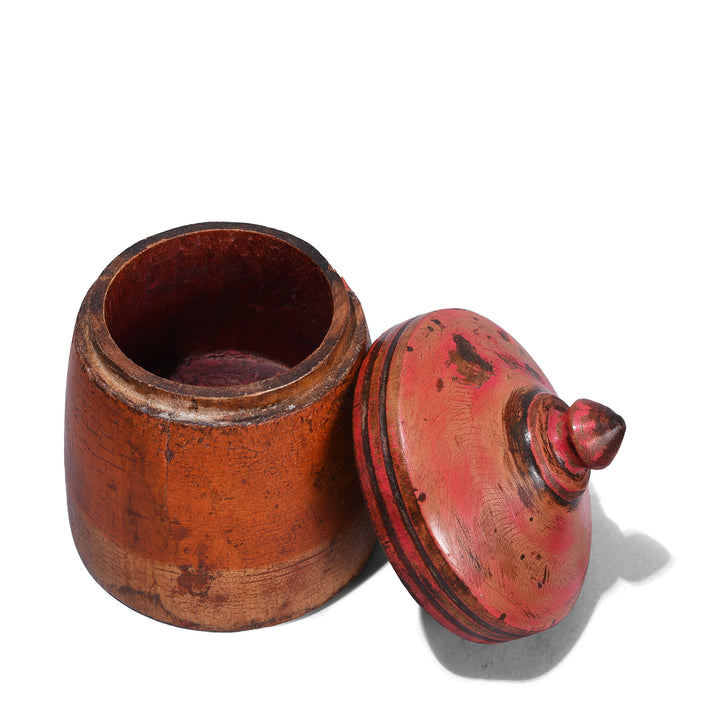 Lid Off View Of Antique Rajasthani Teak Tika Box From Banswara With Red Painted Domed Lid