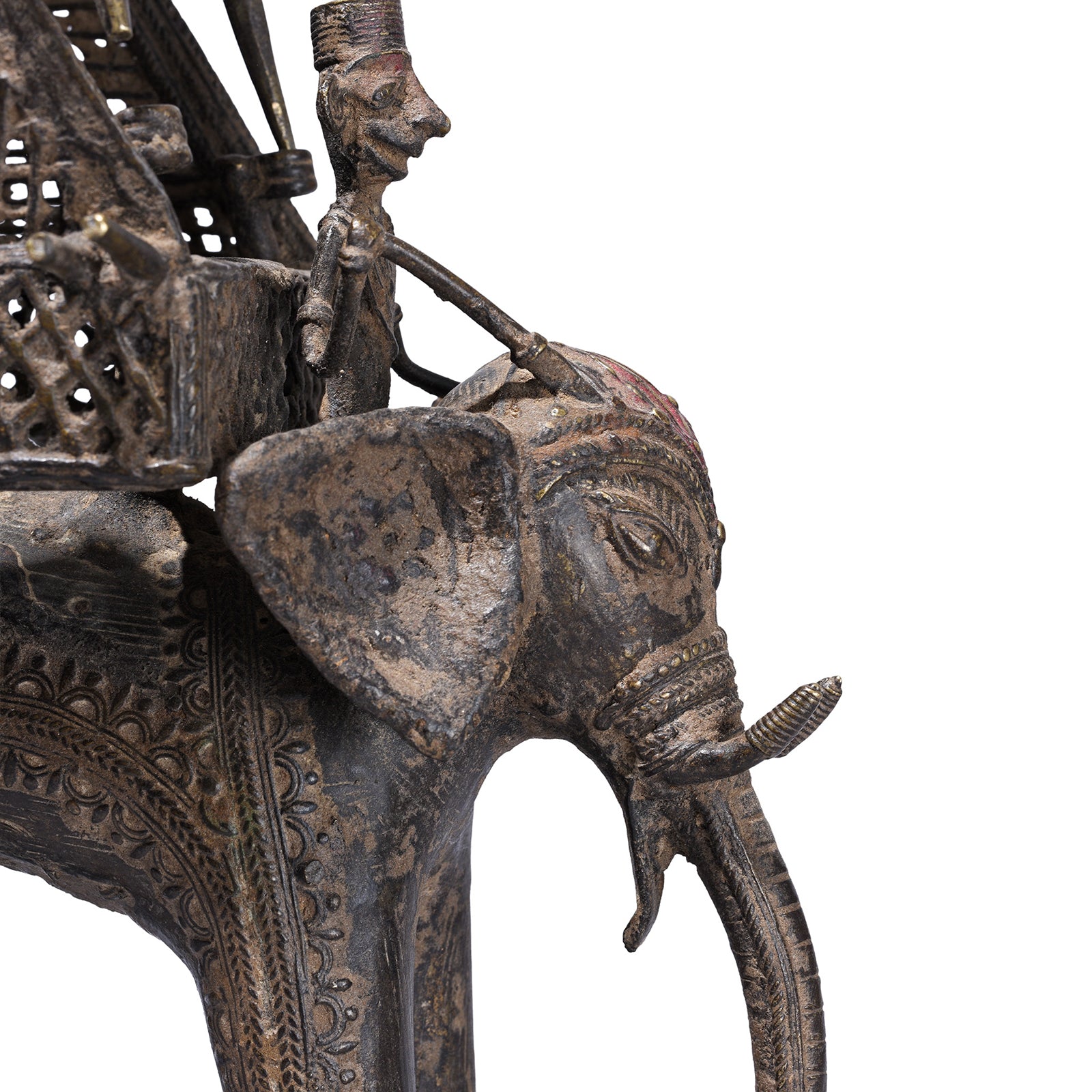 Detailed View Of Face Of Bastar Brass Elephant With Howdah Goddess Danteshwari And Mahout From Chhattisgarh 19th Century