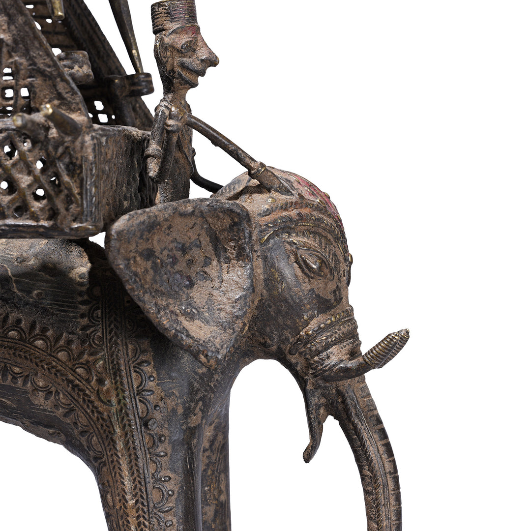 Detailed View Of Face Of Bastar Brass Elephant With Howdah Goddess Danteshwari And Mahout From Chhattisgarh 19th Century