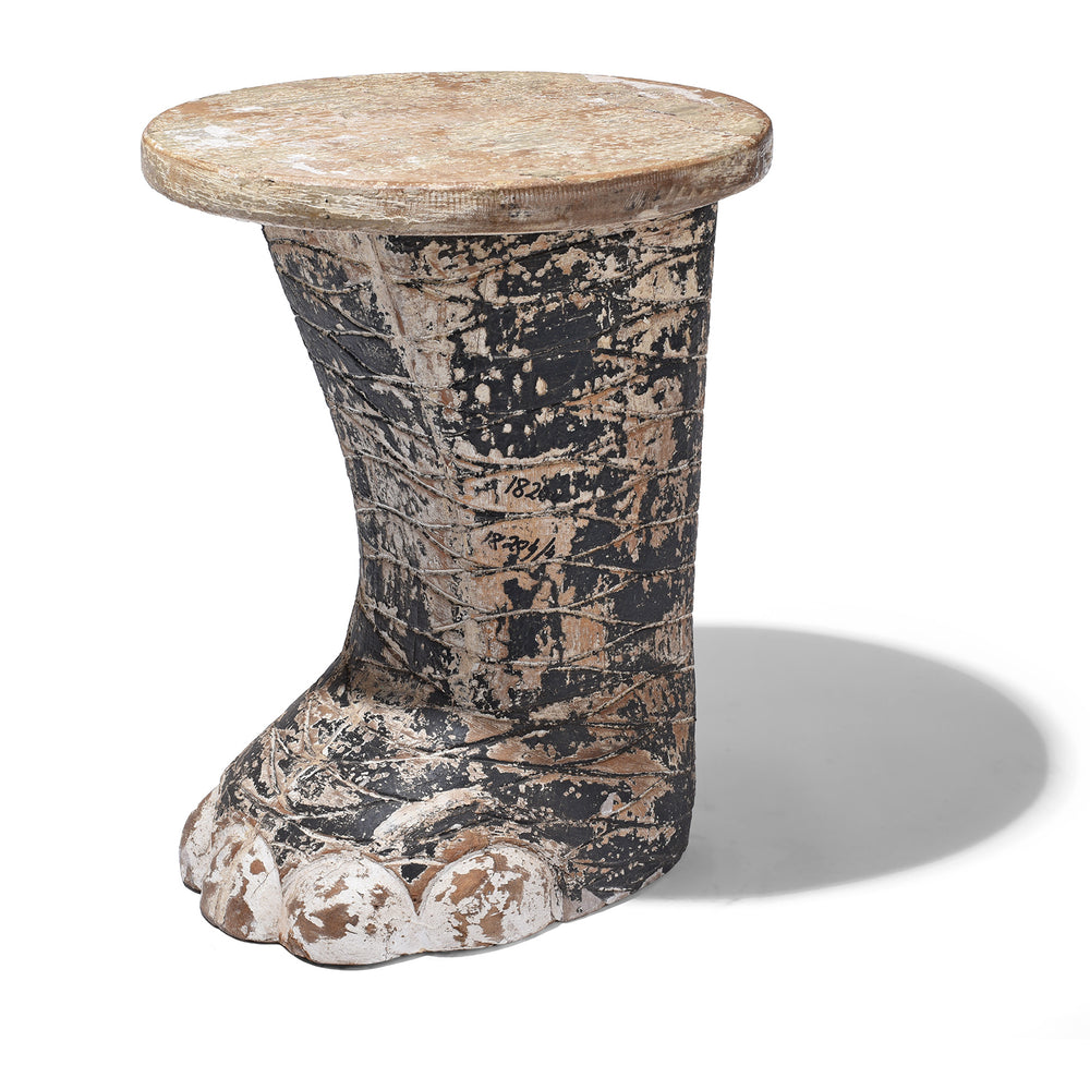 Angled VIew Of Painted Elephant Foot Side Table Made From Indian Mango  Wood