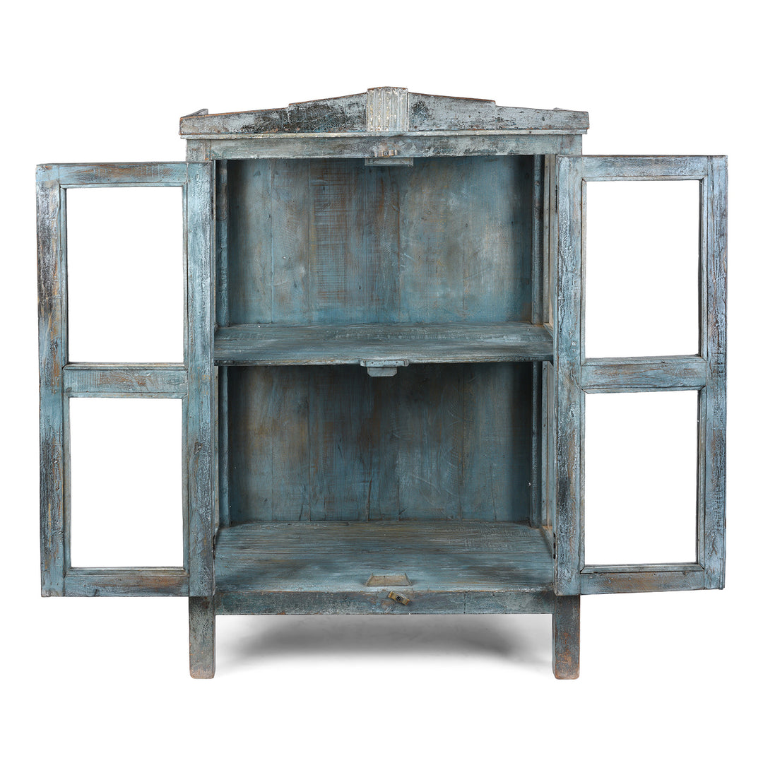 Interior View Of 19th Century Blue Painted Teak Side Cabinet From Gujarat With Original Glazed Panels and Weathered Patina