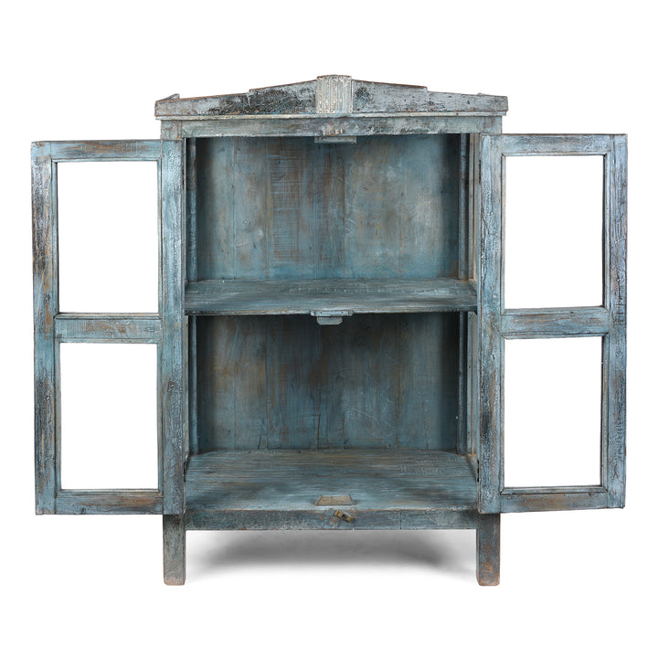 Interior View Of 19th Century Blue Painted Teak Side Cabinet From Gujarat With Original Glazed Panels and Weathered Patina