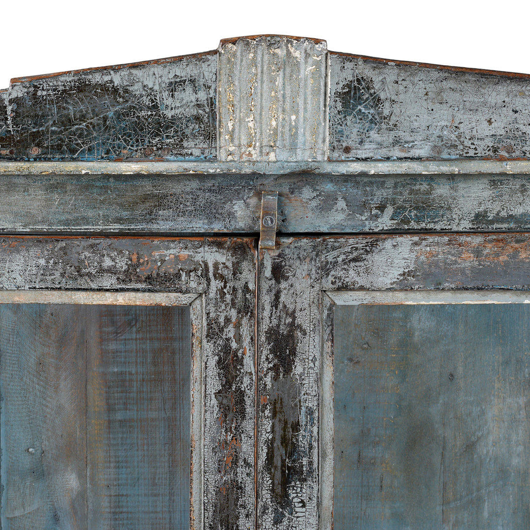 Central Detail Showing Latch From 19th Century Blue Painted Teak Side Cabinet From Gujarat With Original Glazed Panels and Weathered Patina