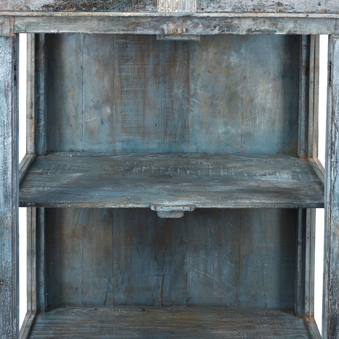 Interior Shelf Detail From 19th Century Blue Painted Teak Side Cabinet From Gujarat With Original Glazed Panels and Weathered Patina