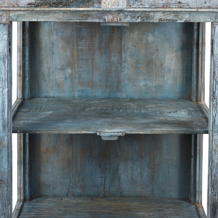 Interior Shelf Detail From 19th Century Blue Painted Teak Side Cabinet From Gujarat With Original Glazed Panels and Weathered Patina
