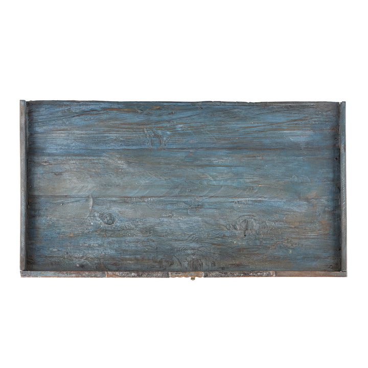Top Down View Of 19th Century Blue Painted Teak Side Cabinet From Gujarat With Original Glazed Panels and Weathered Patina