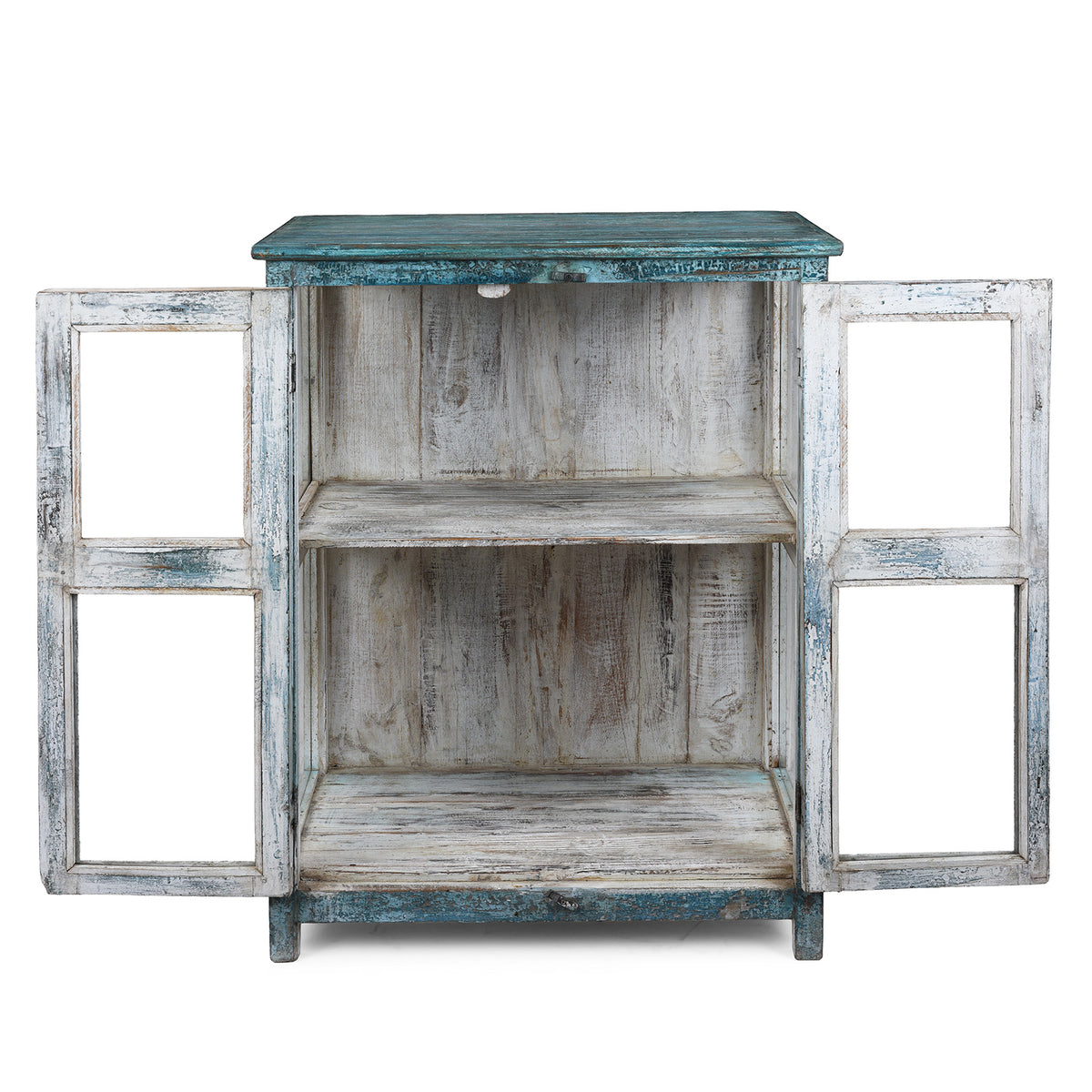 Interior Of Elegant Glazed Display Cabinet From 19th Century Gujarat With Distressed Blue Exterior And White Interior, Featuring Shelf For Generous Storage