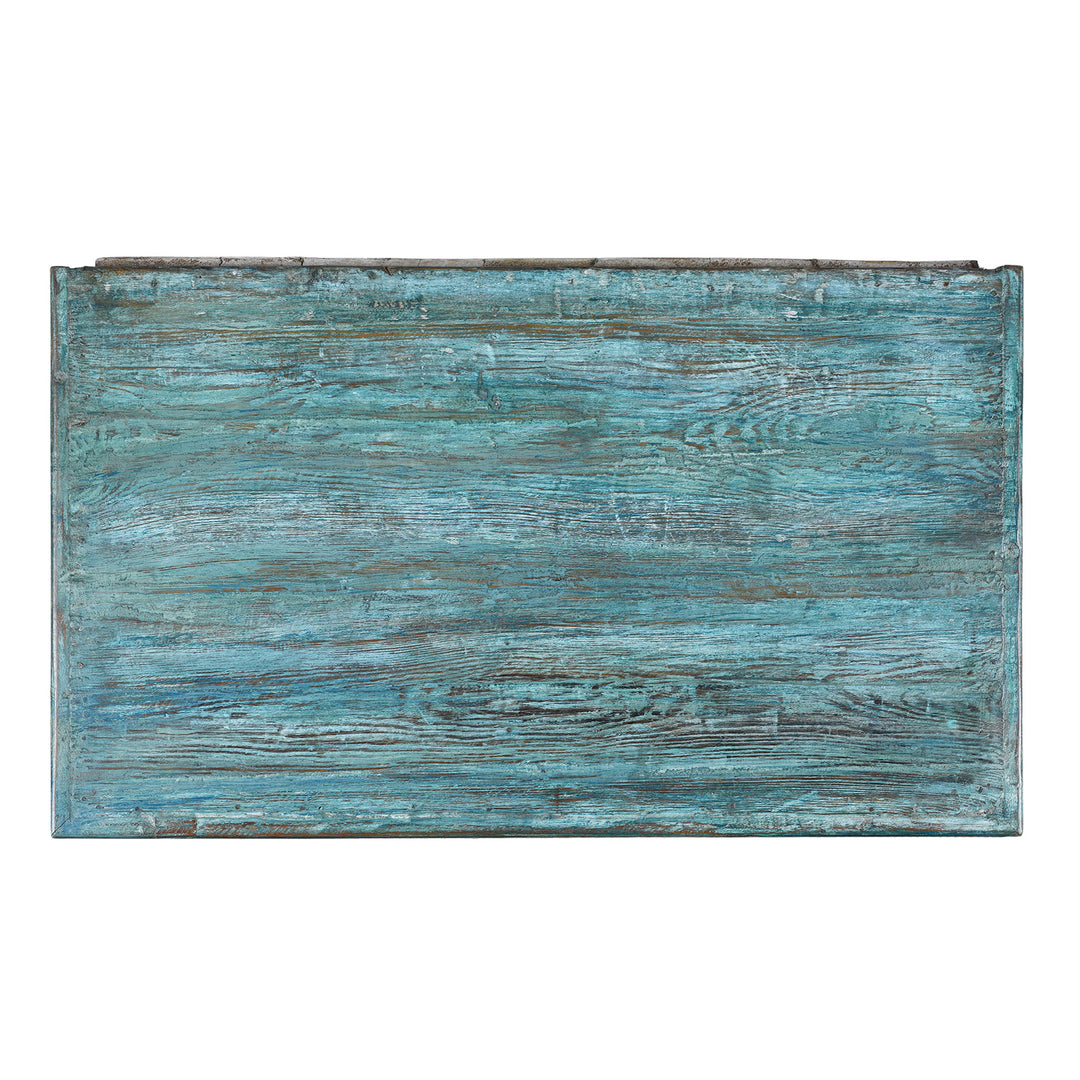 Top Down VIew Of Elegant Glazed Display Cabinet From 19th Century Gujarat With Distressed Blue Exterior And White Interior, Featuring Shelf For Generous Storage