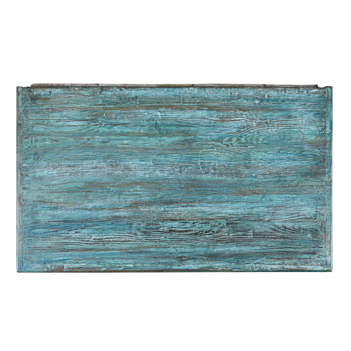 Top Down VIew Of Elegant Glazed Display Cabinet From 19th Century Gujarat With Distressed Blue Exterior And White Interior, Featuring Shelf For Generous Storage