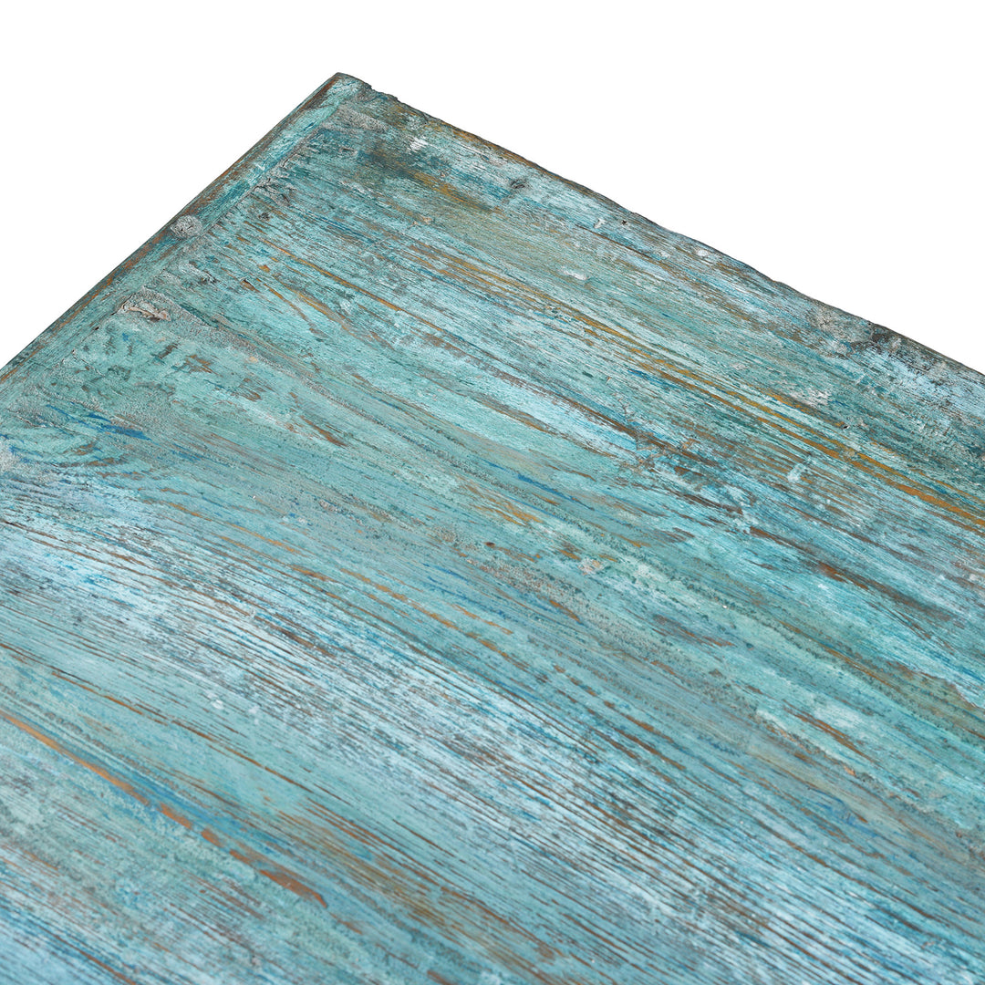 Corner Detail From Elegant Glazed Display Cabinet From 19th Century Gujarat With Distressed Blue Exterior And White Interior, Featuring Shelf For Generous Storage