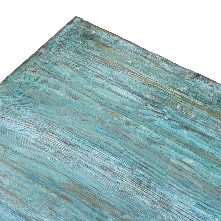 Corner Detail From Elegant Glazed Display Cabinet From 19th Century Gujarat With Distressed Blue Exterior And White Interior, Featuring Shelf For Generous Storage