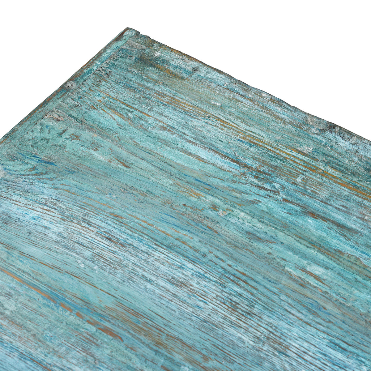 Corner Detail From Elegant Glazed Display Cabinet From 19th Century Gujarat With Distressed Blue Exterior And White Interior, Featuring Shelf For Generous Storage